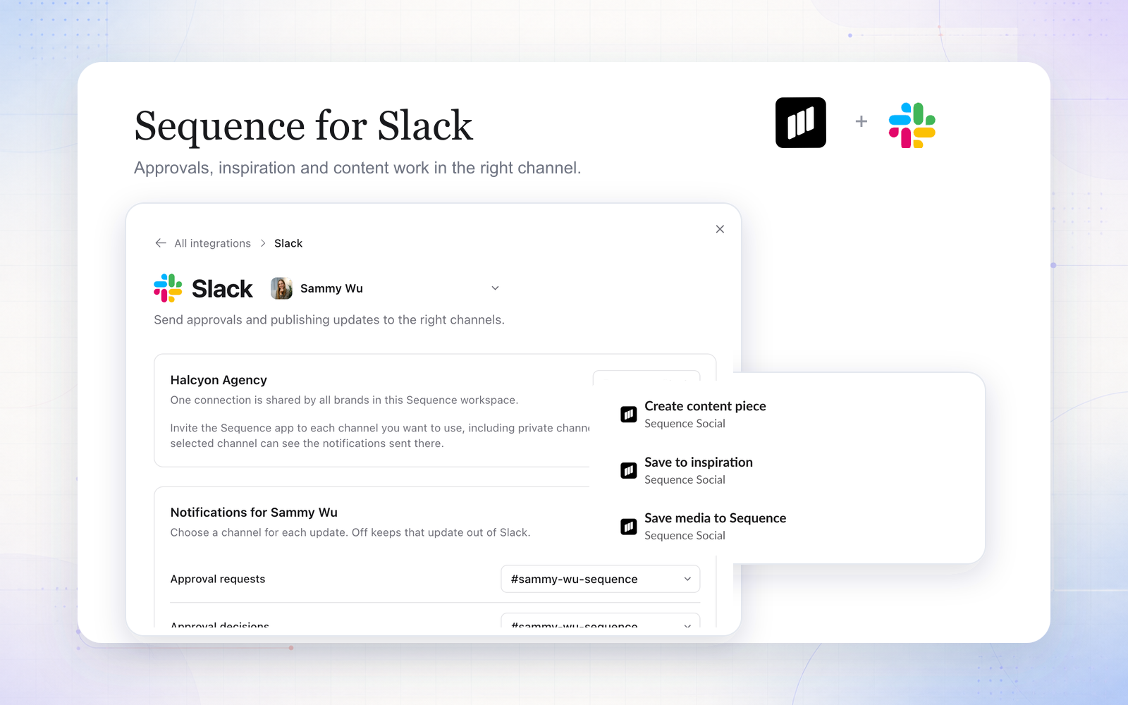 Sequence for Slack shown with brand notification settings and content workflow shortcuts