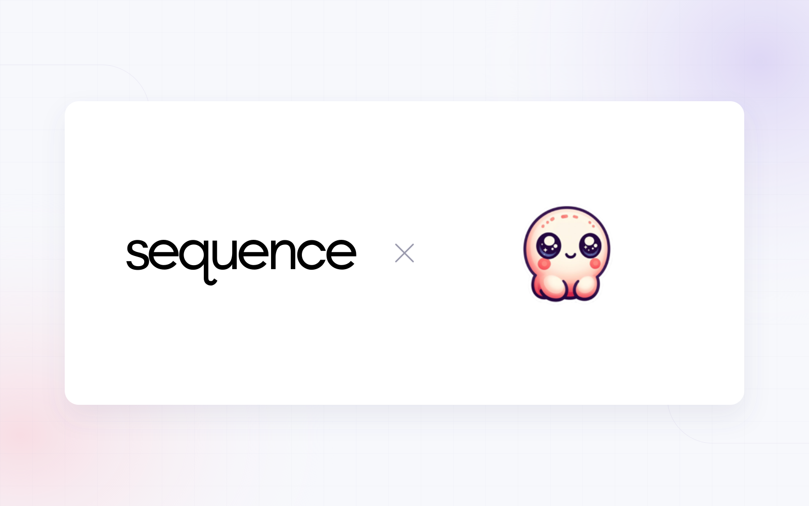 Sequence wordmark and Poppy AI’s official mascot separated by a multiplication sign on white artwork with lavender and blush accents.