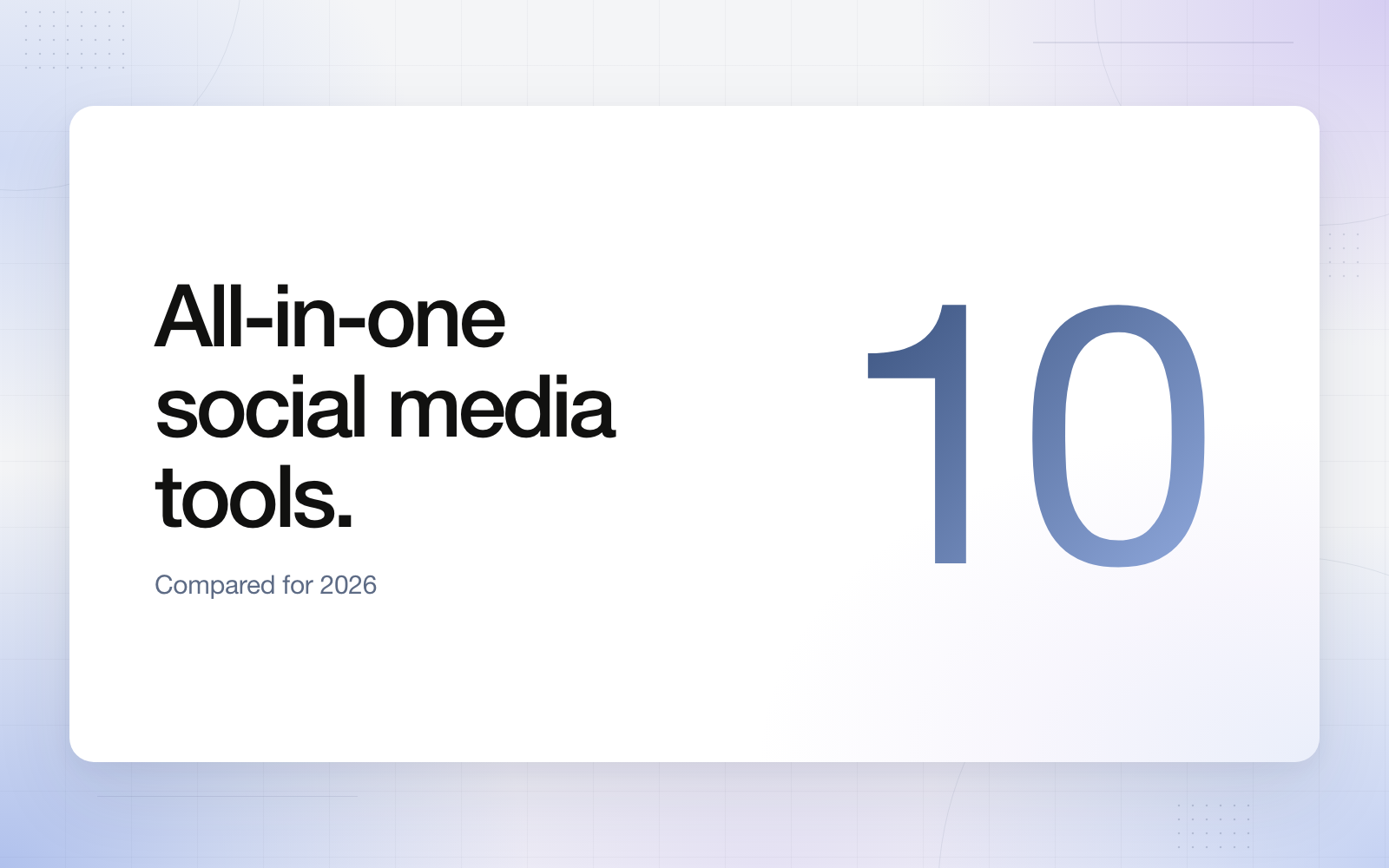 Editorial cover reading All-in-one social media tools, compared for 2026, beside a large slate blue numeral 10 on a white panel with a soft periwinkle background.