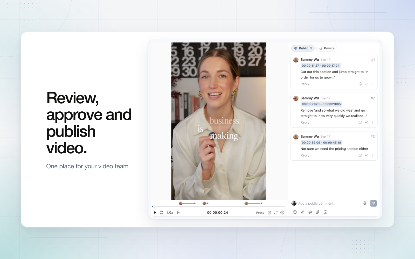 Cover reading Review, approve and publish video, one place for your video team, beside a Sequence media review screenshot of Sammy smiling in a vertical video at 00:00:00:24, with three timecoded comment markers on the timeline and three timecoded range comments from Sammy Wu in the comments panel.