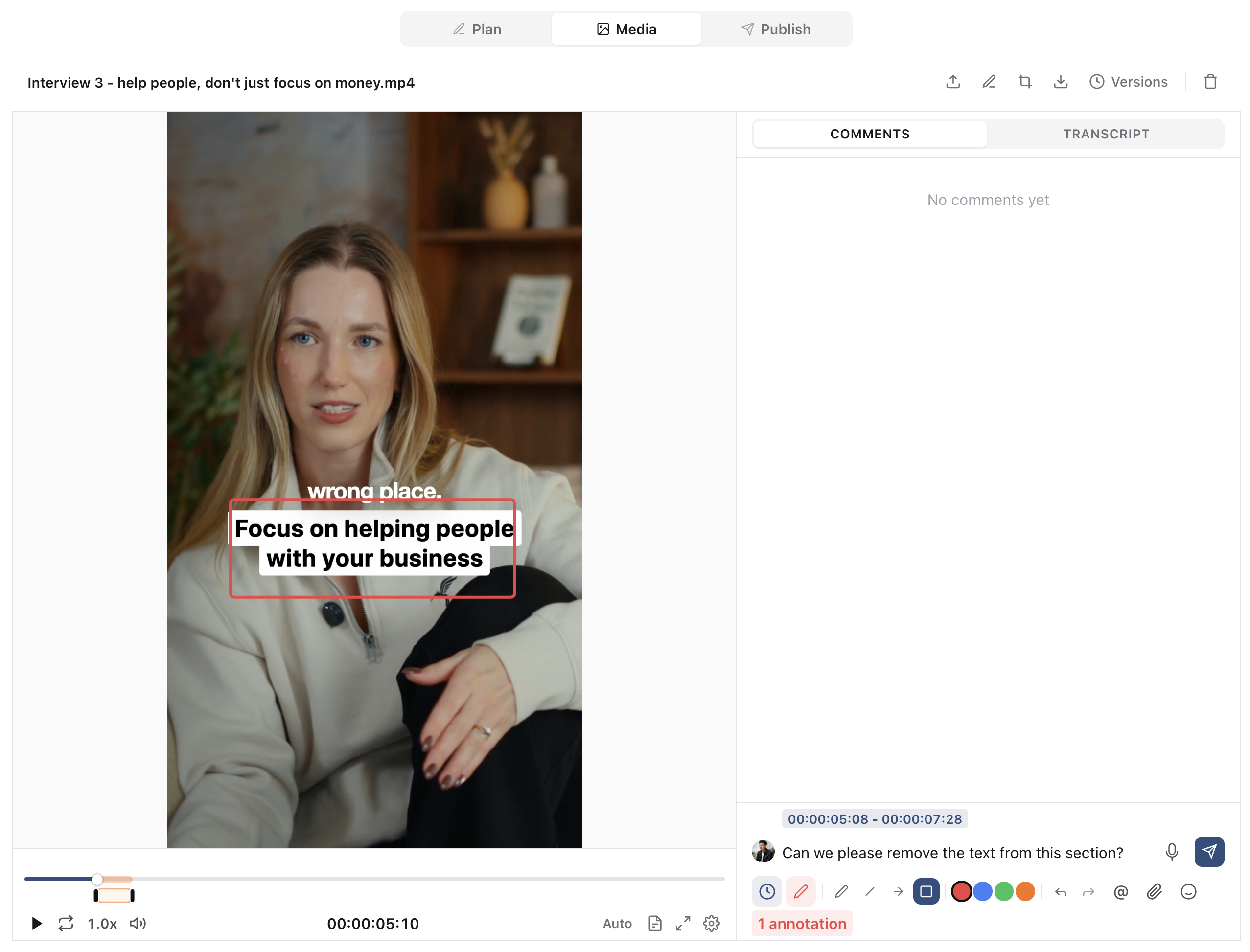 Sequence video review with a red rectangle annotation, selected timestamp range and a draft comment requesting removal of on-screen text