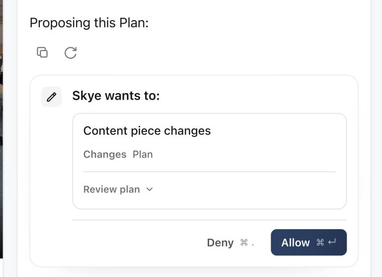 Skye proposing a Plan from a saved inspiration post, with Review plan, Deny and Allow controls.