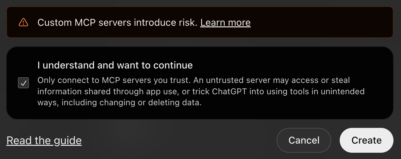 Custom MCP server warning with I understand and want to continue ticked and the Create button