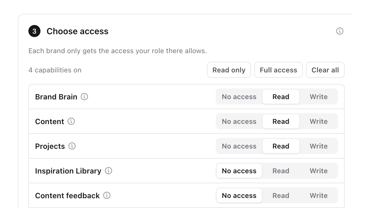 Choose access step with the Read only, Full access and Clear all presets and No access, Read and Write options for each area