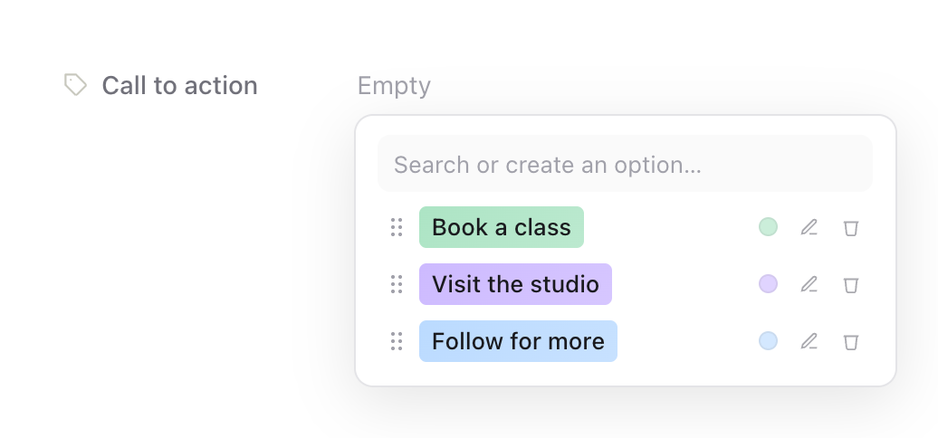 Option list for the Call to action field on a post, showing Book a class, Visit the studio and Follow for more