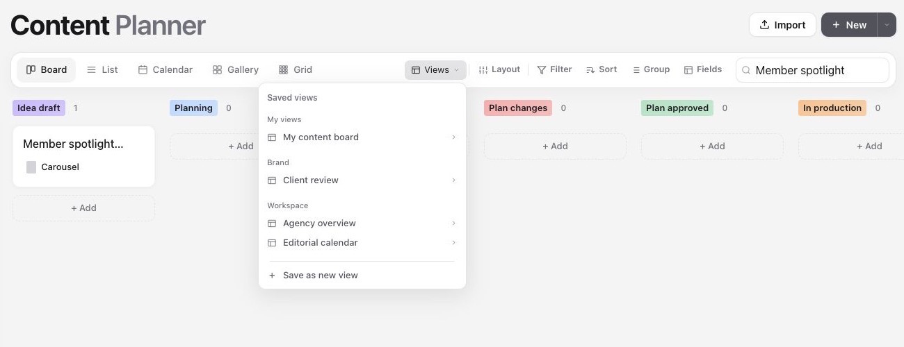 The Content Planner Views menu showing personal, brand and workspace saved views