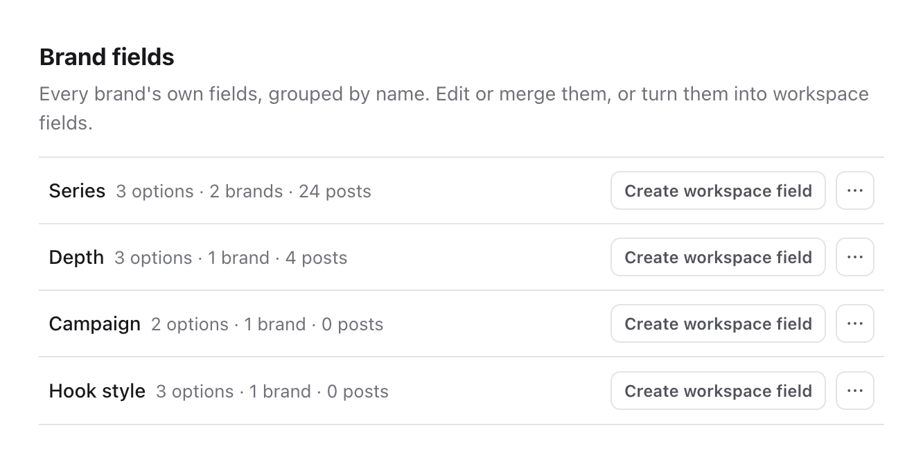 Brand fields list showing Series, Depth, Campaign and Hook style, each with a Create workspace field button