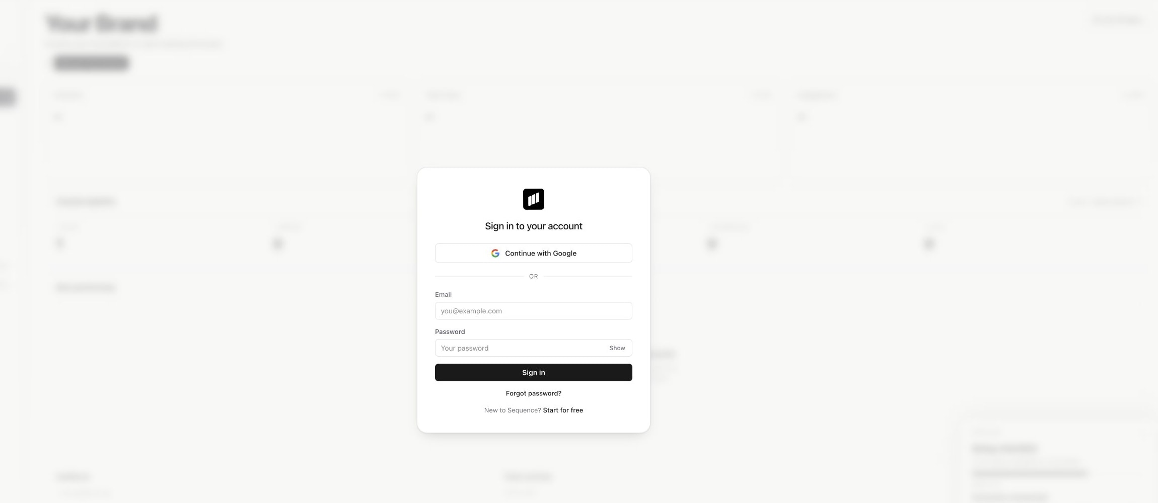 Sequence sign-in form with Google, email, password and Forgot password options