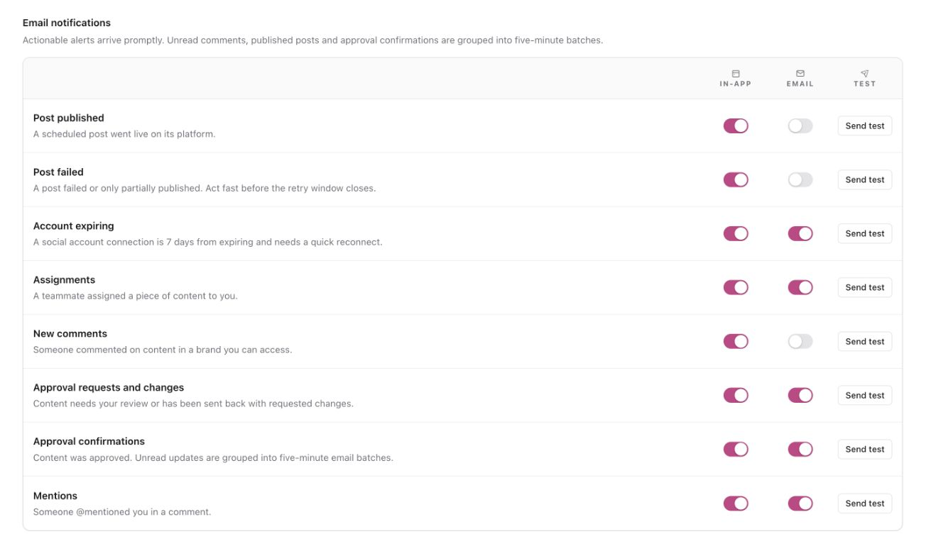 Notification settings with separate In-app and Email switches, including Approval requests and changes and Approval confirmations