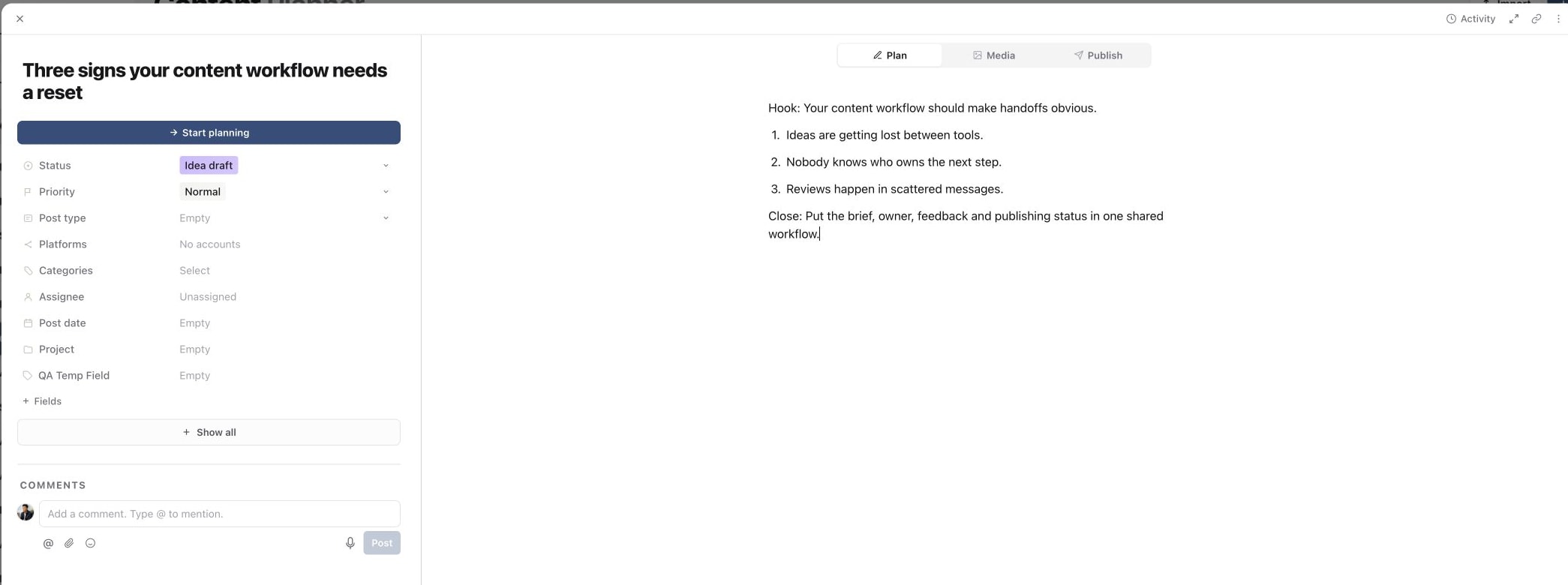 Content piece Plan tab with an example idea and workflow properties