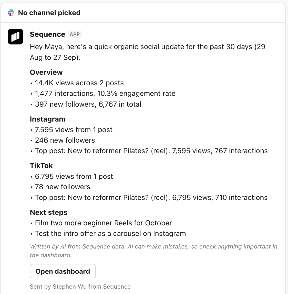 Slack preview of the same update posted by the Sequence app, ending with the AI disclaimer and an Open dashboard button