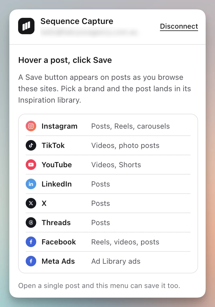 The Sequence Capture menu showing a connected account, Disconnect and the list of supported sites