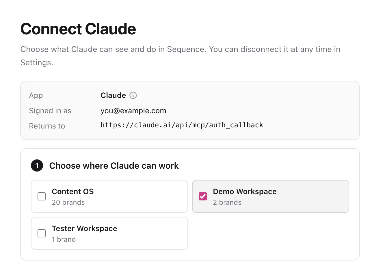 Connect Claude page showing the app, the signed-in account and the return address, with Demo Workspace selected