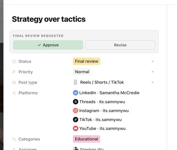 A content piece in Final review with Approve and Revise actions visible