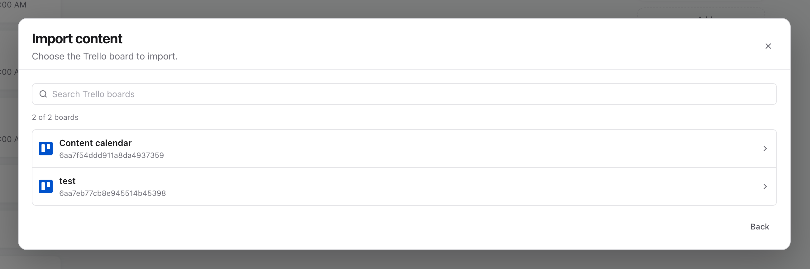 Board picker listing Trello boards with a Search Trello boards field