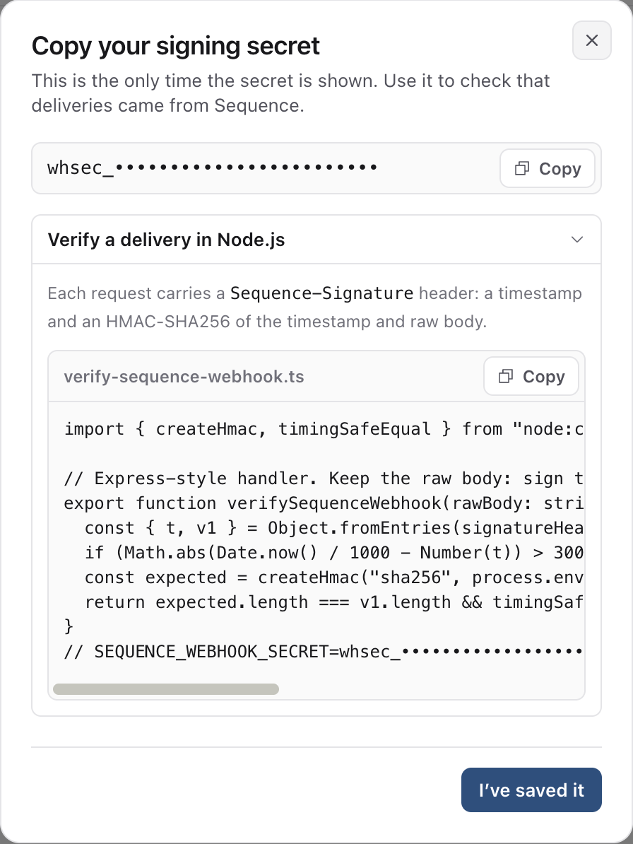Copy your signing secret dialog with the secret hidden and a Node.js verification example