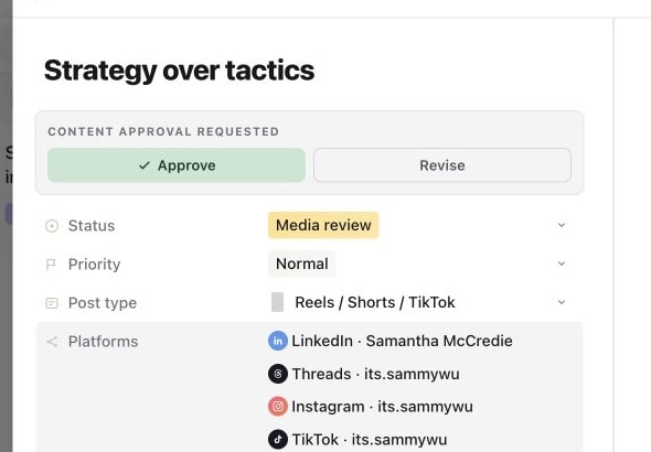 The content piece showing a requested review and the current approval status