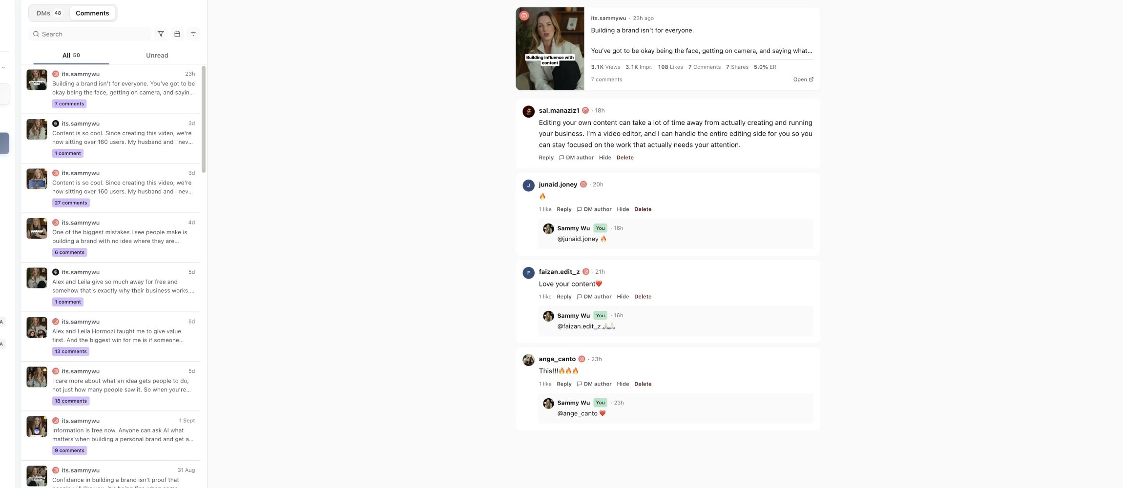 Inbox Comments view showing loaded social conversations