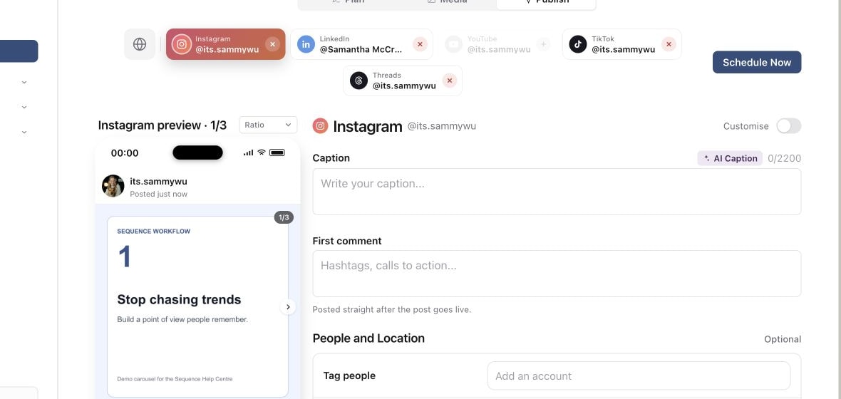 Publish view with a platform preview and account-specific publishing settings