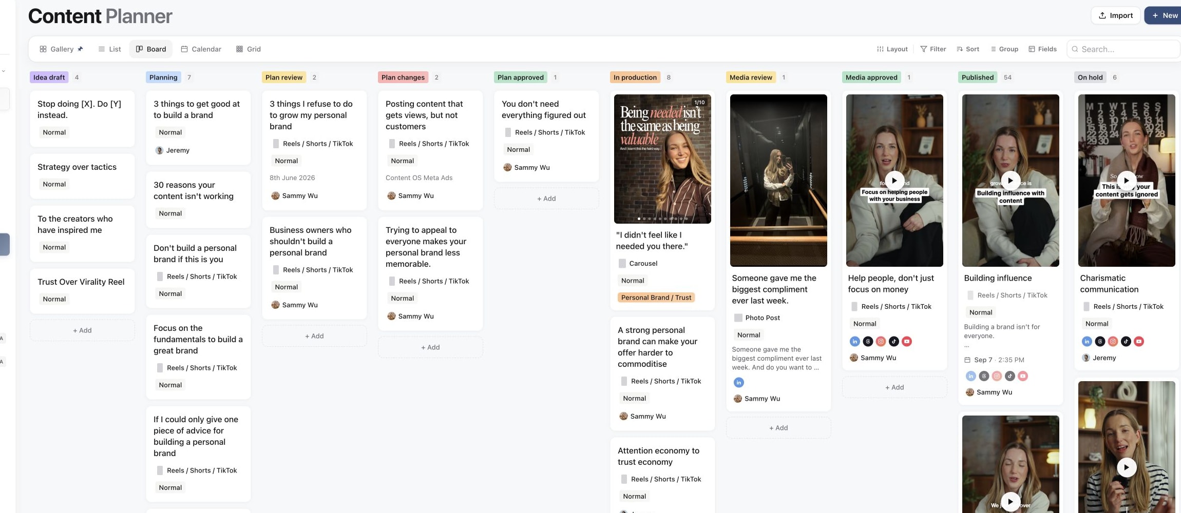 Content Planner Board view inside the Sammy Wu brand