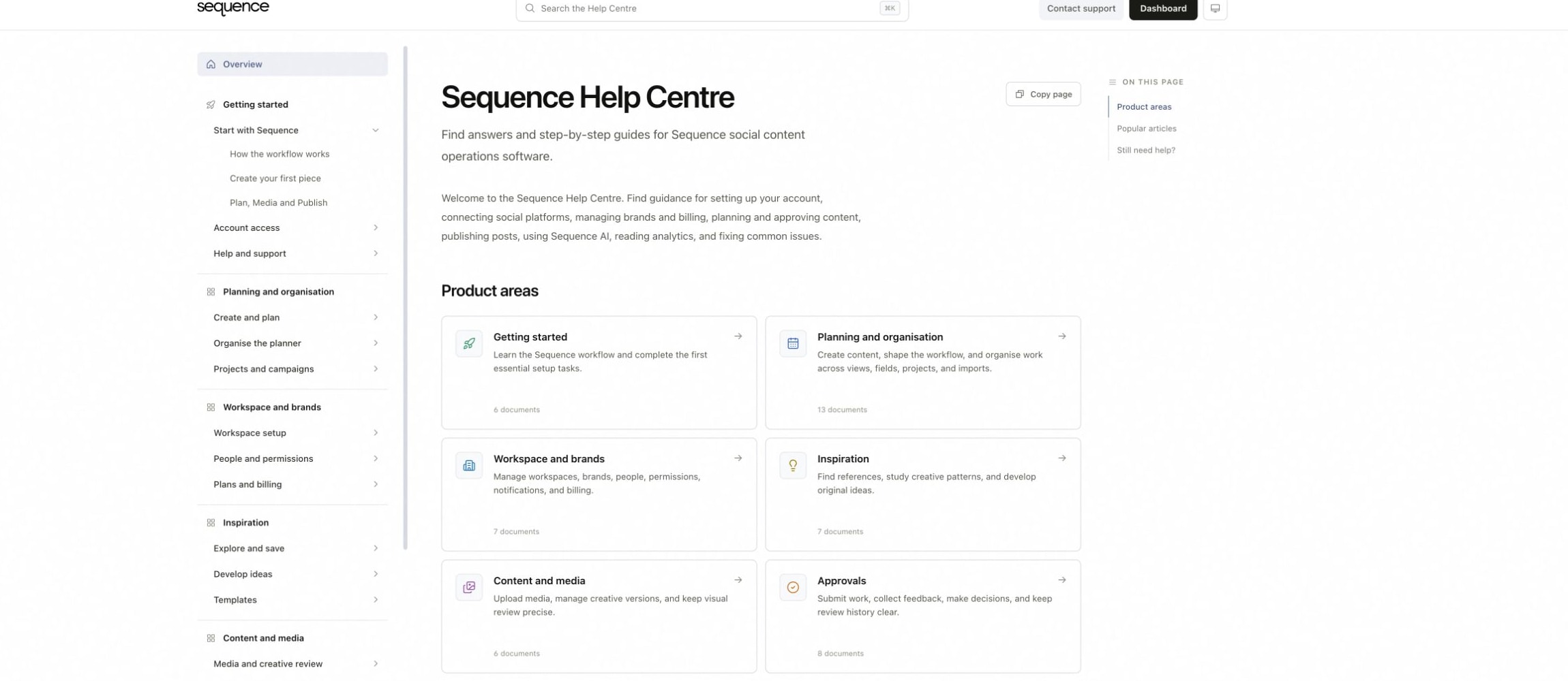 Sequence Help Centre showing the Contact support controls in the header and support section
