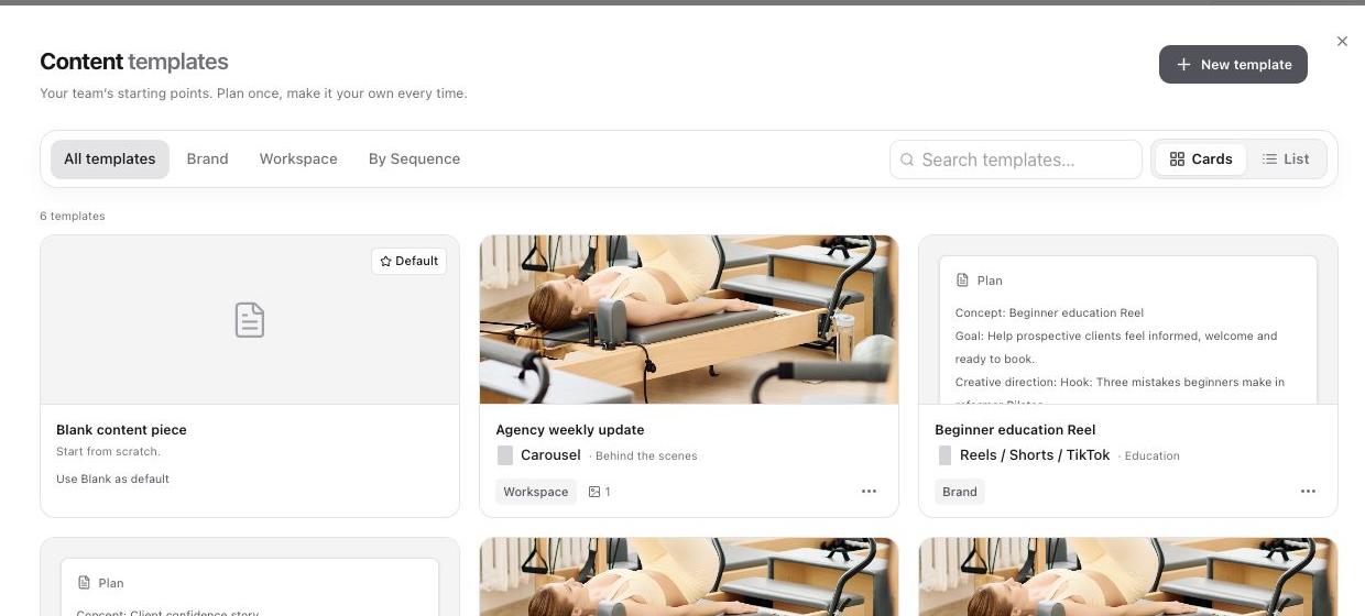 The Content templates library showing Blank, brand and workspace templates