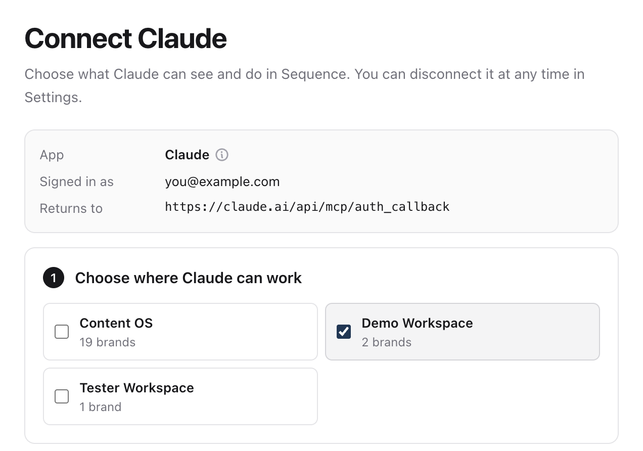 Connect Claude page showing the app, signed-in account and return address, with Demo Workspace selected in step 1