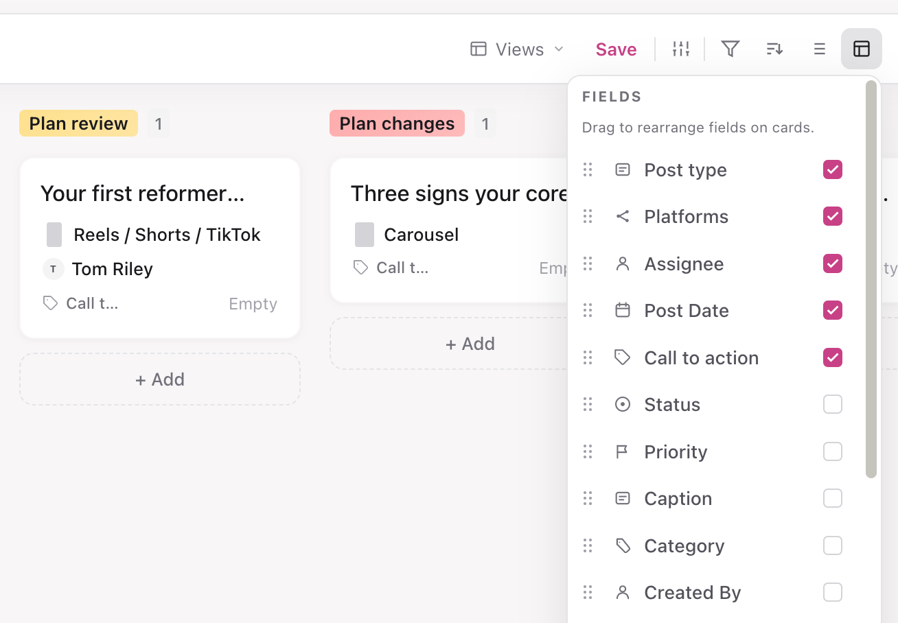 Planner Fields menu with Call to action ticked, and board cards showing the Call to action field