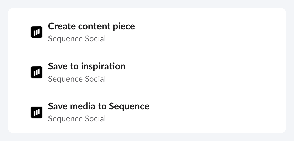 Slack message shortcuts for creating content, saving inspiration and saving media.