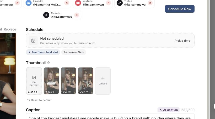 Publish setup for a Reel with Instagram selected, media thumbnails and caption visible