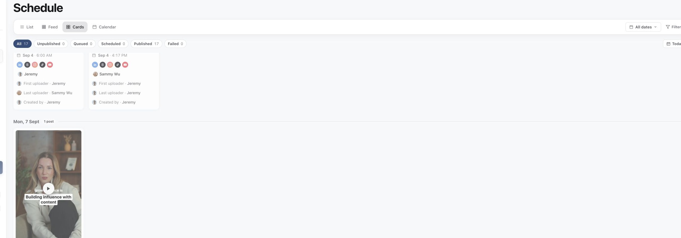 Schedule view showing upcoming and published content