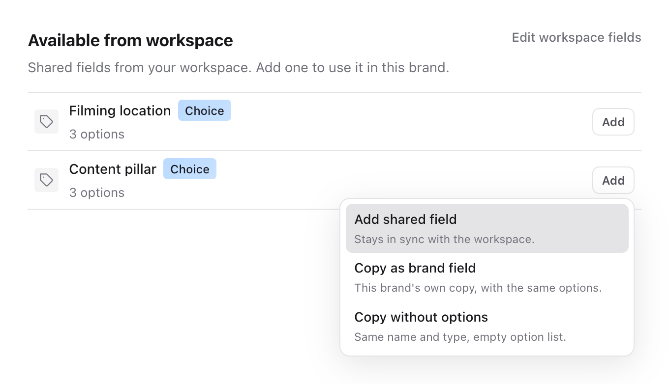 Add menu for Content pillar showing Add shared field, Copy as brand field and Copy without options