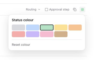 Status colour palette with green selected and Reset colour available