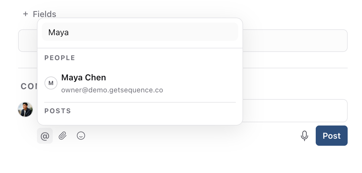 Search for Maya and choose Maya Chen under People in the mention picker