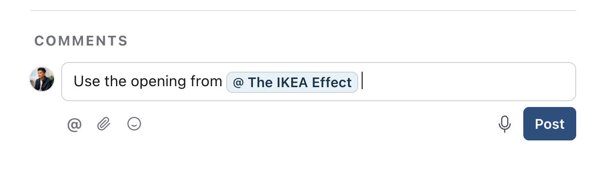 The IKEA Effect inserted as a linked post in the comment composer