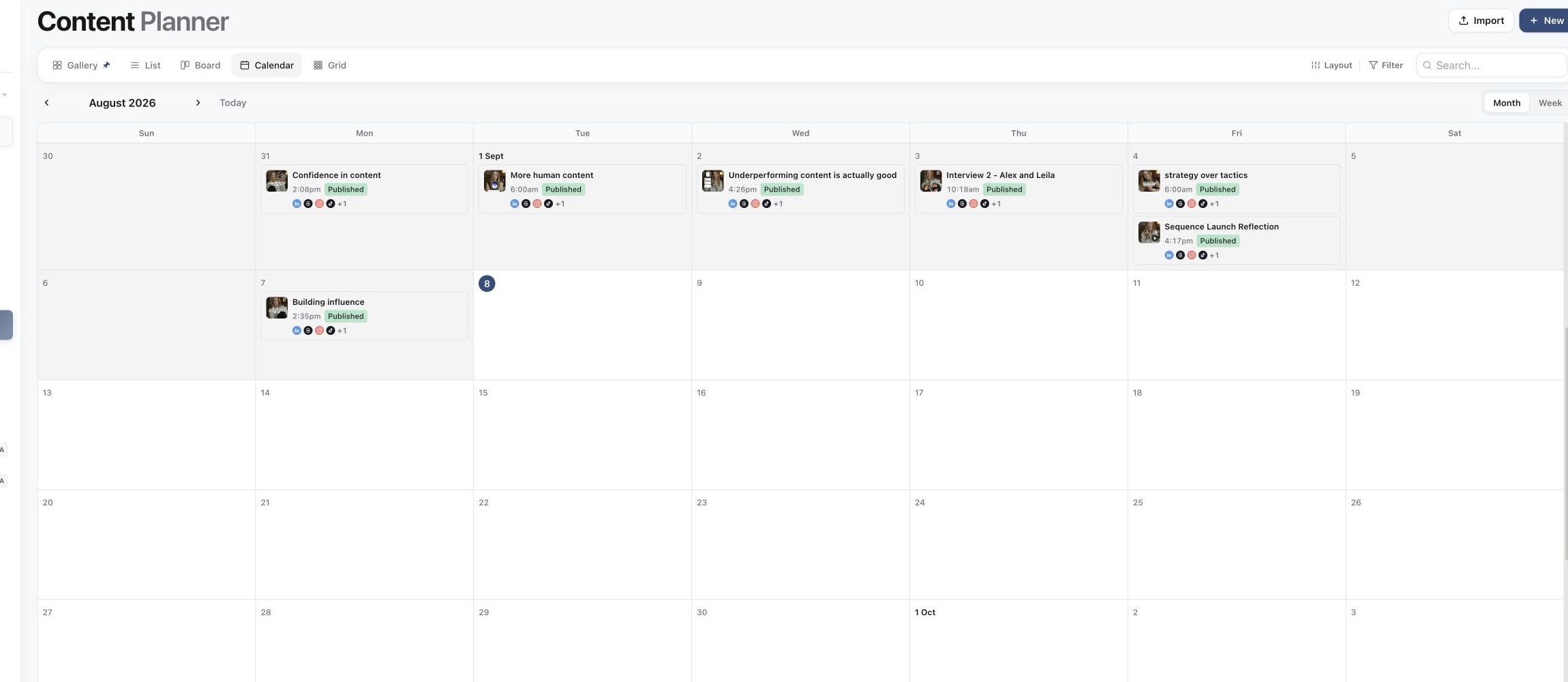 Content Planner Calendar view showing scheduled content by date