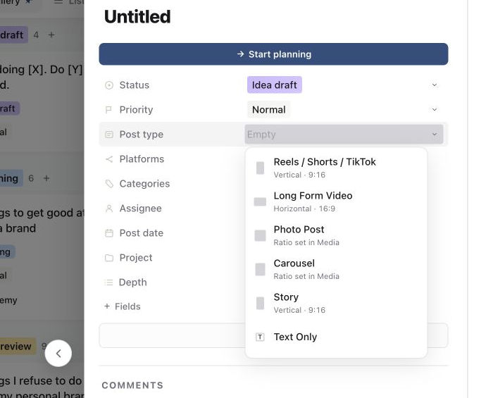 The Post type menu with Carousel available as a format