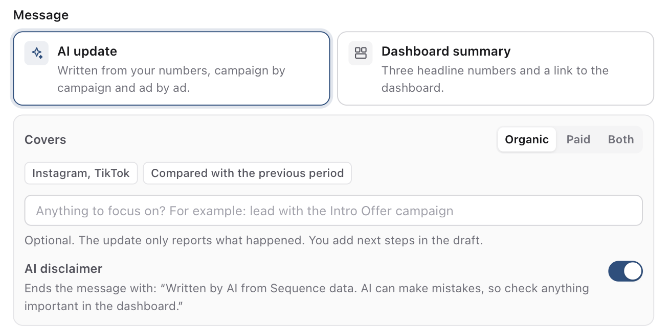 Message section with AI update selected, Covers set to Organic, the optional focus field and the AI disclaimer switch
