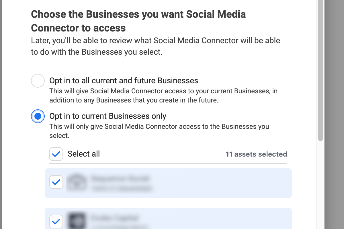 Meta authorisation screen for choosing which business portfolios Social Media Connector can access