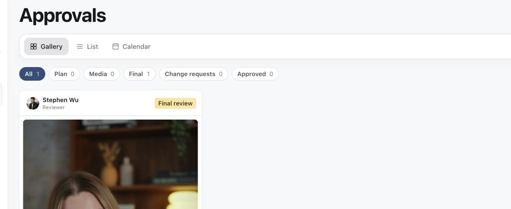 Approvals page showing the Assigned to me queue and stage filters