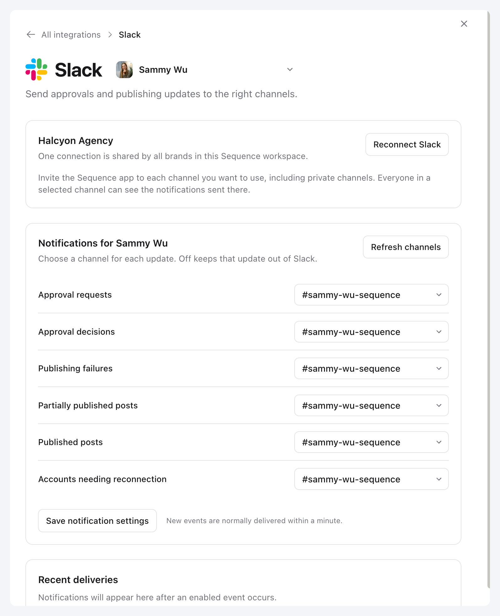 Slack integration settings showing the connected workspace and brand notification routes.