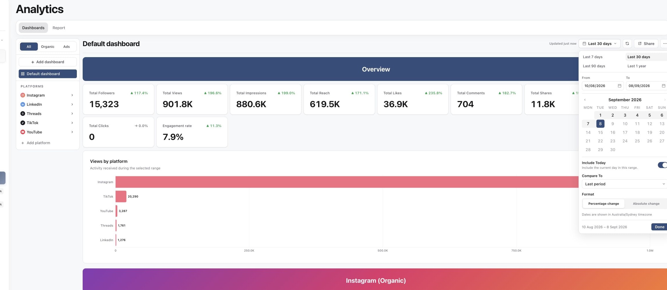Analytics date picker with comparison and percentage or absolute change controls