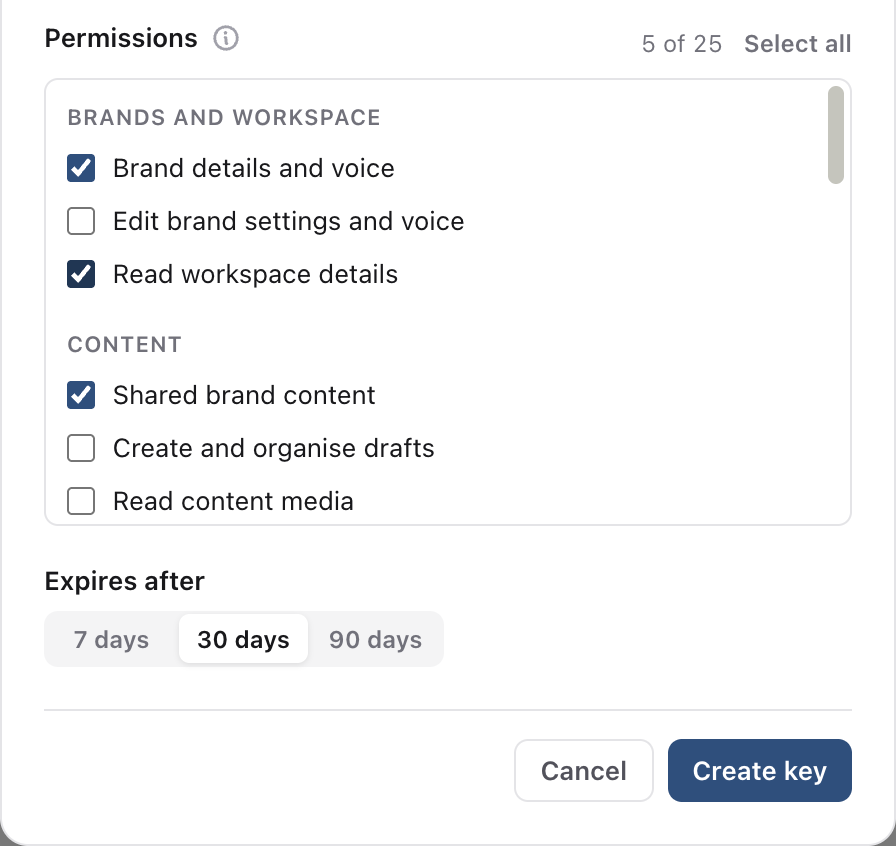 Permissions list, a 30 day expiry and the Create key button in the Create API key dialog