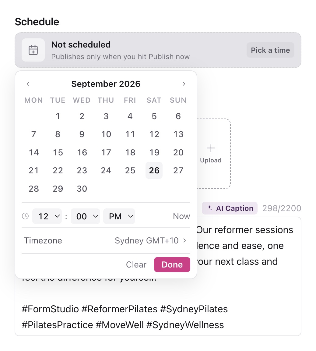 Scheduling picker with calendar, time controls, Timezone, Clear and Done