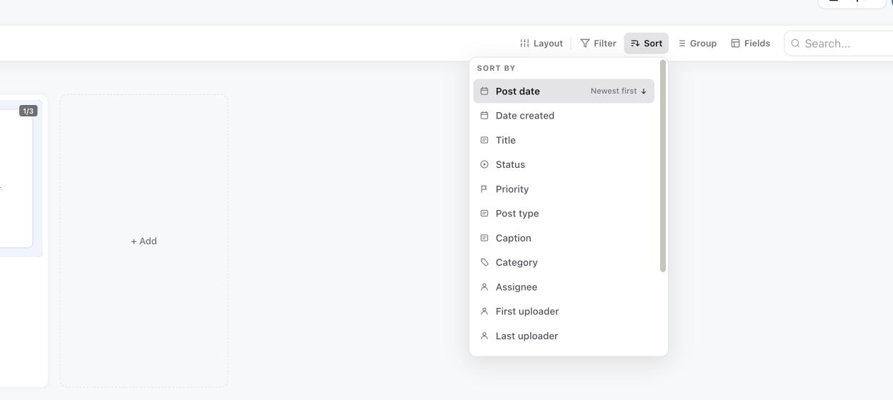 Content Planner Sort menu with post date, created date, title, status and other fields