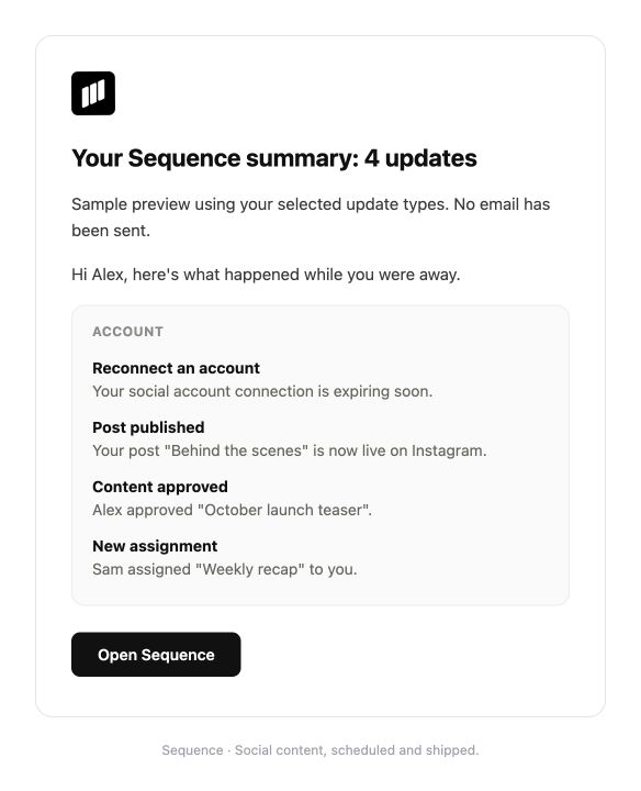 Sample Sequence summary email with four updates: an expiring account, a published post, an approval and an assignment.