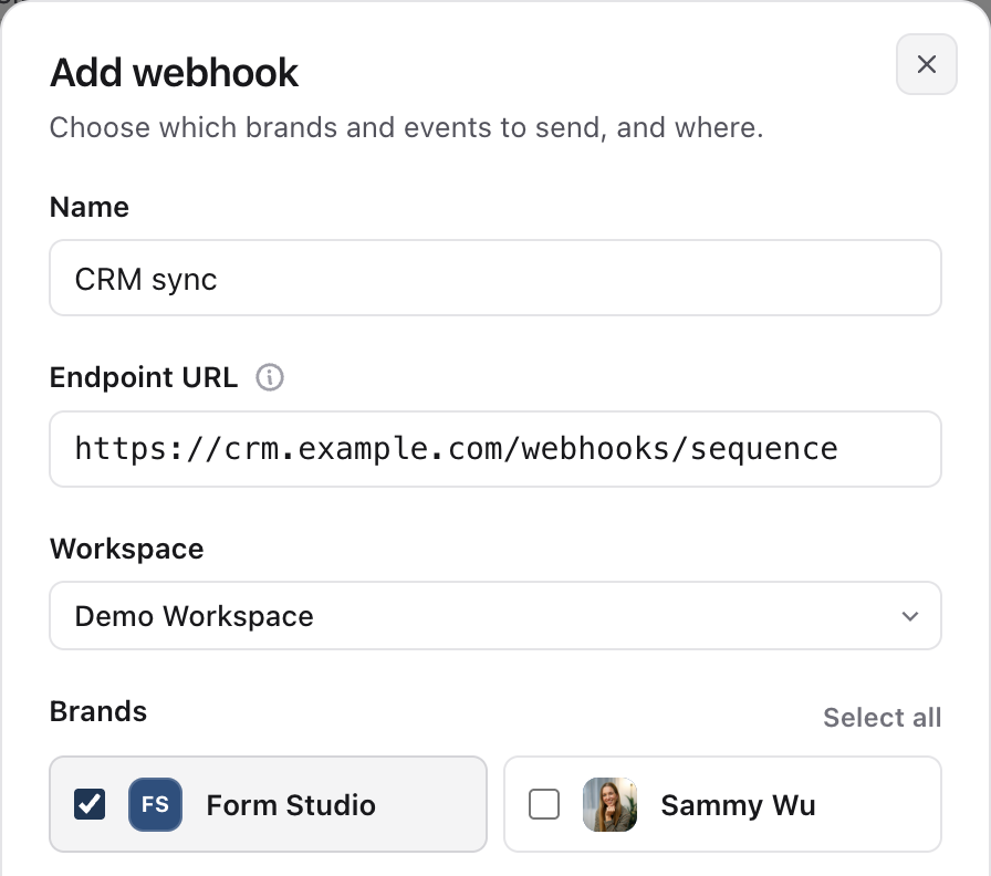 Add webhook dialog with the name CRM sync, an HTTPS endpoint, Demo Workspace and the Form Studio brand selected