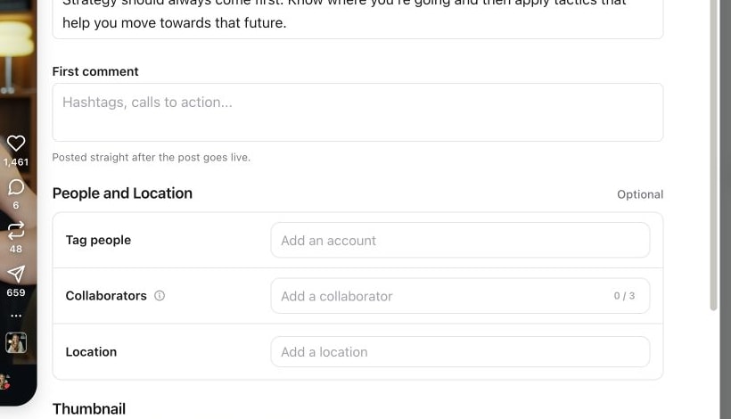 Instagram Reel options before Trial Reel is enabled