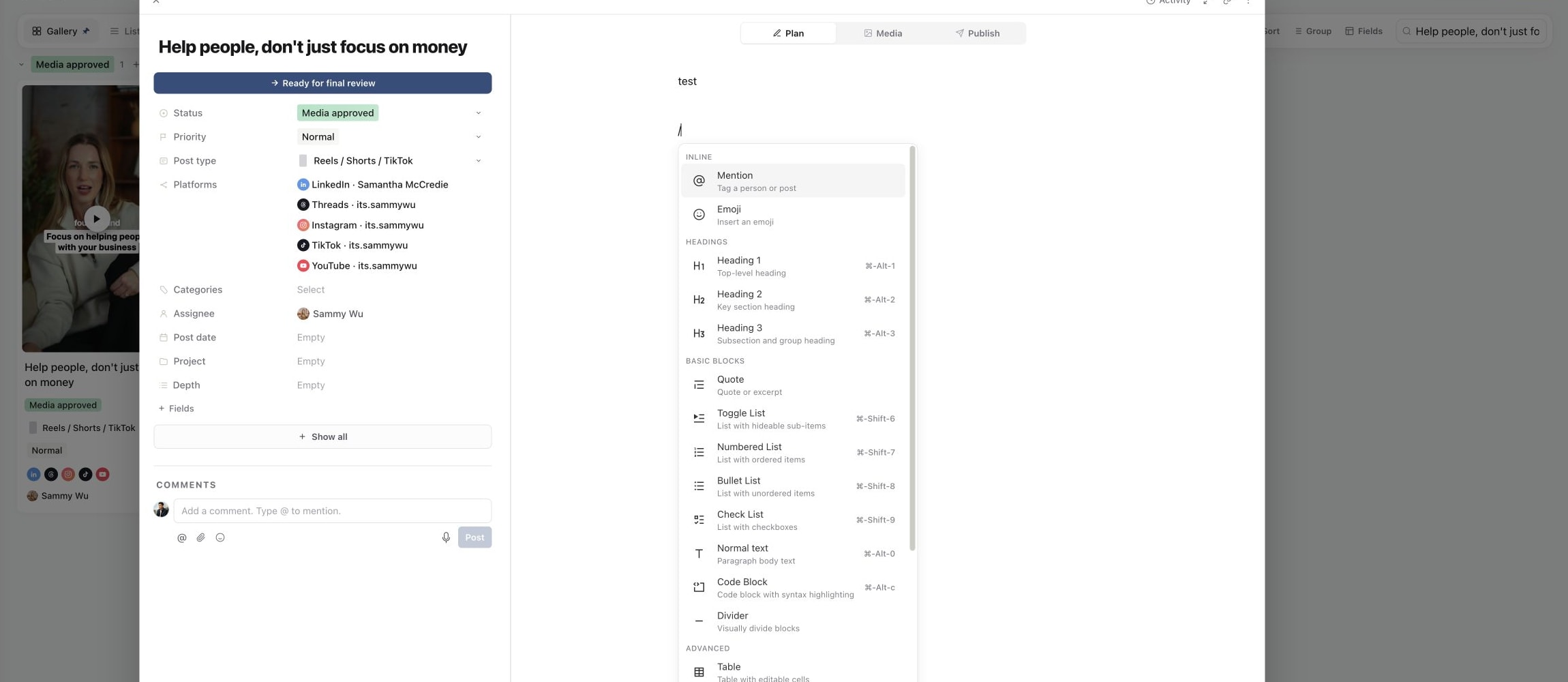 Plan slash menu showing headings, lists, tables, media, files, link previews and embeds