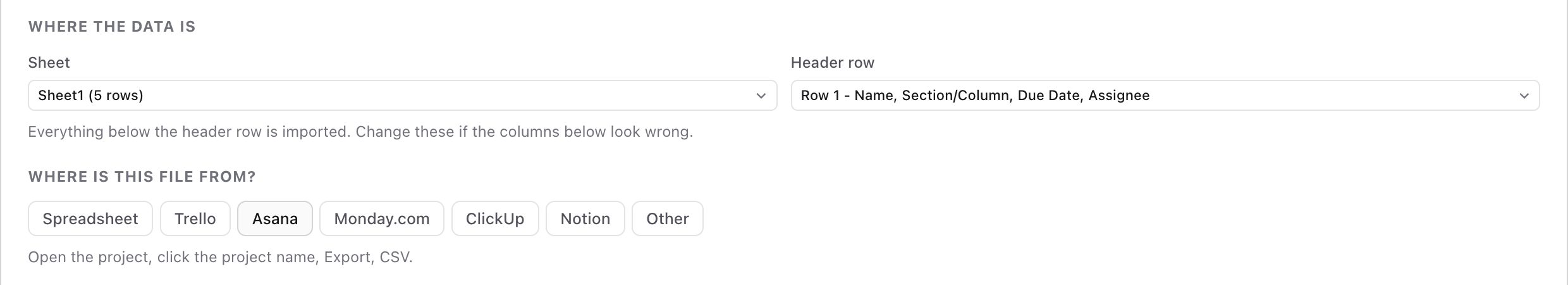 Bulk import step showing the sheet and header row selectors and the Where is this file from? choices with Asana selected